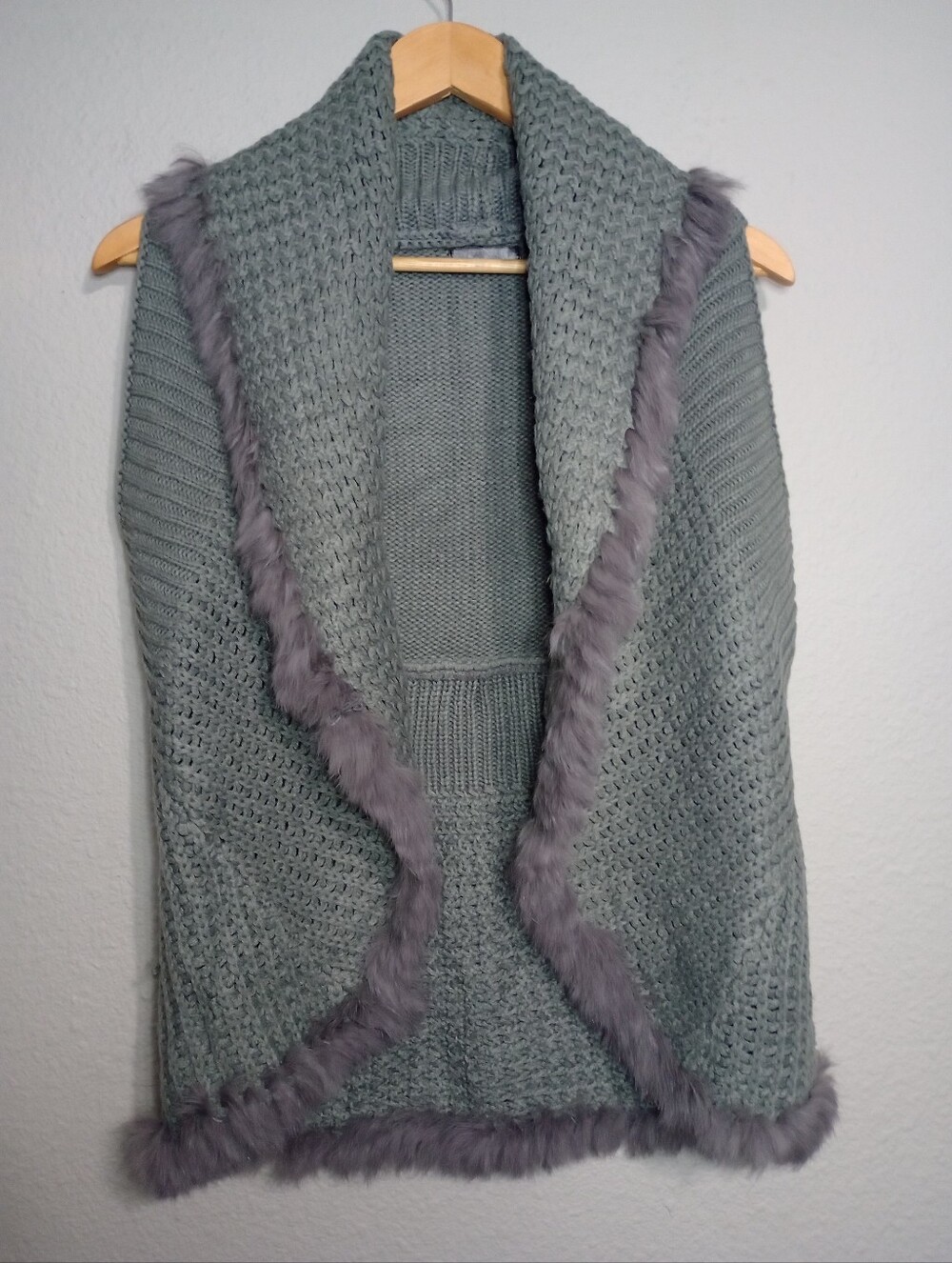 Love Token Rabbit Fur Trim Open Front Sweater Vest Boho Cabincore
